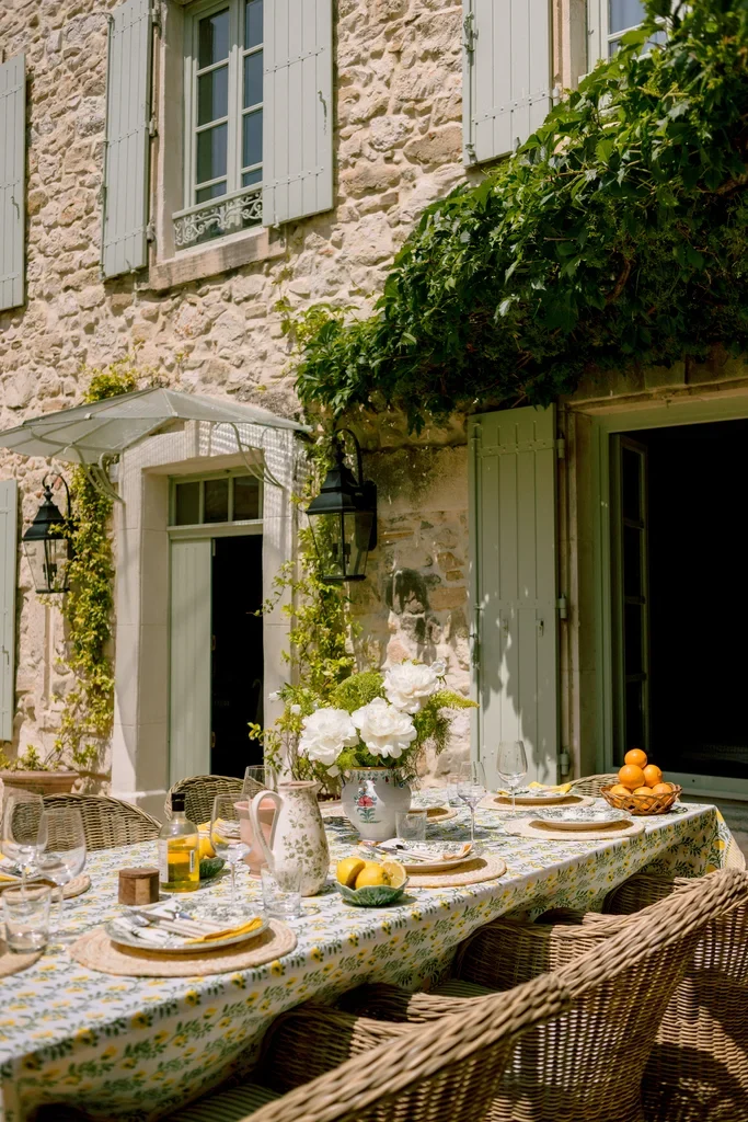 Al fresco dining in the stone courtyard — a table set with flowers, citrus, and fine porcelain beneath climbing vines